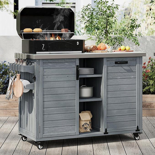 78.3" Outdoor Kitchen Island with Foldable Grill Table & Storage, Wooden Cart with Stainless Steel Top, Trash Can Holder, Bar Cart for Patio Lawn Garden (78.3"+Grey Blue)