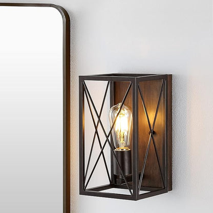JONATHAN Y 6" Oil Rubbed Bronze/Wood Finish 1-Light Iron Sconce, Farmhouse Rustic X-Frame Wall Lantern for Bathroom Hallway Entryway, Modern Industrial Lamp, LED Bulb Included JYL1310A