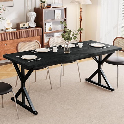 Farmhouse Dining Table for 6 People, 70.8 Inch Rectangular Wood Dining Table, Rustic Kitchen Table with Extra Heavy Duty Metal Legs for Dining Room-Black