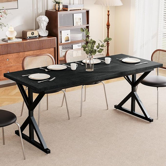 Farmhouse Dining Table for 6 People, 70.8 Inch Rectangular Wood Dining Table, Rustic Kitchen Table with Extra Heavy Duty Metal Legs for Dining Room-Black