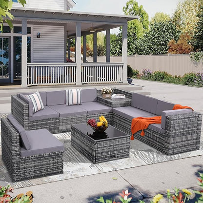 KROFEM 8-Piece Patio Furniture Set, Outdoor Wicker Rattan Sectional with Thick Cushions, Glass Top Table with Hidden Storage, Outdoor Conversation Set for Backyard, Porch, Patio, Light Grey