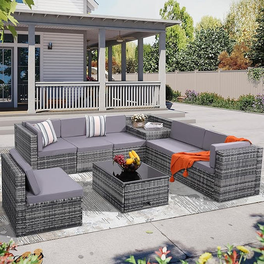 KROFEM 8-Piece Patio Furniture Set, Outdoor Wicker Rattan Sectional with Thick Cushions, Glass Top Table with Hidden Storage, Outdoor Conversation Set for Backyard, Porch, Patio, Light Grey
