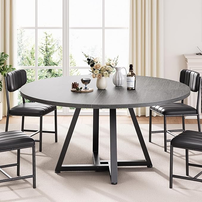 Jocoevol 42“ Round Kitchen Dining Room Table for 2-4, Circle Dining Dinner Table with Pedestal Metal Frame, Space Saving Wood Industrial Furniture for Small Space (Grey, 42IN)