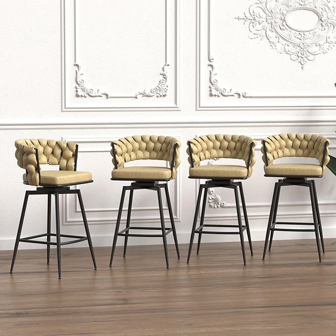 28" Technical Leather Woven Bar Stool Set of 2,Black Legs Bar stools No Adjustable Kitchen Island Chairs,360 Swivel Bar Stools Upholstered Counter Stool Arm Chairs with Back Footrest (Light Brown)
