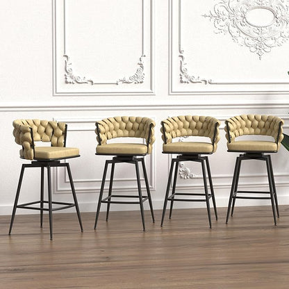 28" Technical Leather Woven Bar Stool Set of 2,Black Legs Bar stools No Adjustable Kitchen Island Chairs,360 Swivel Bar Stools Upholstered Counter Stool Arm Chairs with Back Footrest (Light Brown)