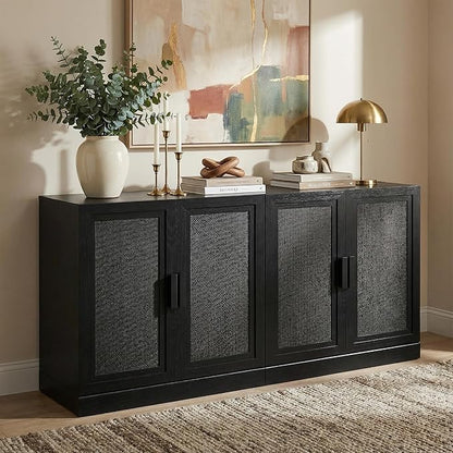 Casaphoria Adam Sideboard Buffet Cabinet with Storage, Sideboard Cabinet with Rattan Doors & Adjustable Shelves, 62" W x 31" H Coffee Bar for Entryway Kitchen Living Room, Black