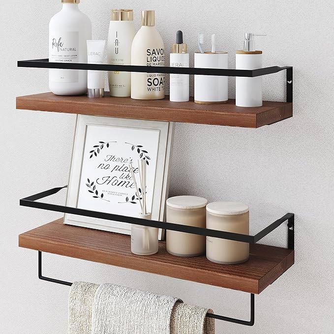 Wood Floating Shelves Wall Mounted - 2+1 Tier Rustic Bathroom Wall Shelves Over Toilet with Towel Bar, Natural Wood Set of 2 Farmhouse Floating Shelf for Bathroom, Kitchen, Bedroom, Dark Brown