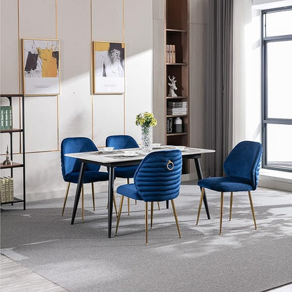 Modern Velvet Dining Chairs Set of 2, Woven Accent Kitchen Chairs with 4 Sturdy Golden Metal Legs and Back, Armless Side Chair with Ring for Indoor, Kitchen Island, Dining Room, Living Room (Blue)