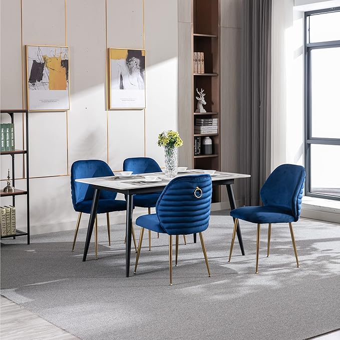 Modern Velvet Dining Chairs Set of 2, Woven Accent Kitchen Chairs with 4 Sturdy Golden Metal Legs, Luxurious Armless Side Chair with Ring for Indoor, Kitchen Island , Dining Room, Living Room (Blue)