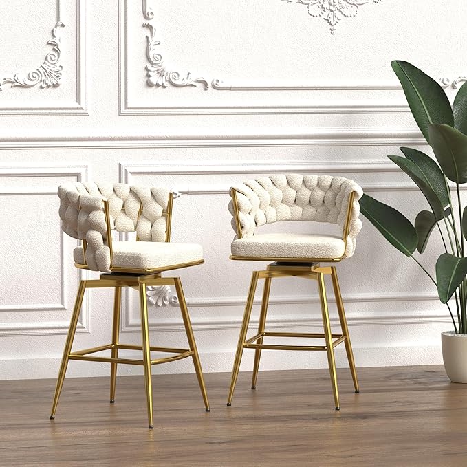 26" Bar Chair Toweling Woven Bar Stool Set of 2,Golden Legs Bar stools No Adjustable Kitchen Island Chairs,360 Swivel Bar Stools Upholstered Counter Stool Arm Chairs with Back Footrest (White)