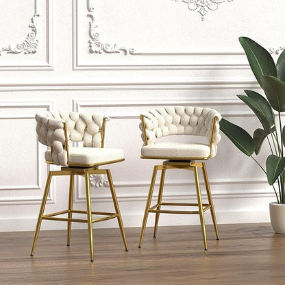 26" Bar Chair Toweling Woven Bar Stool Set of 2,Golden Legs Bar stools No Adjustable Kitchen Island Chairs,360 Swivel Bar Stools Upholstered Counter Stool Arm Chairs with Back Footrest (White)
