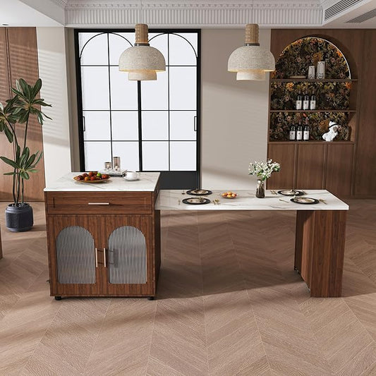 Expandable Kitchen Island with Dining Table, Modern Space Saving Kitchen & Dining Room Furniture, Sturdy Frame Construction, Easy Assembly Mobile Storage Cart,Walnut-MDF-DiningRoo