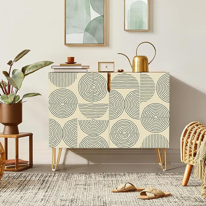 SIGNWIN Sideboard Buffet Cabinet, Kitchen Storage Cabinet with 2 Doors, Black & White Duotone Circle Polygons, Cupboard Console Table for Dining Room - 35" L x 18" W x 29" H