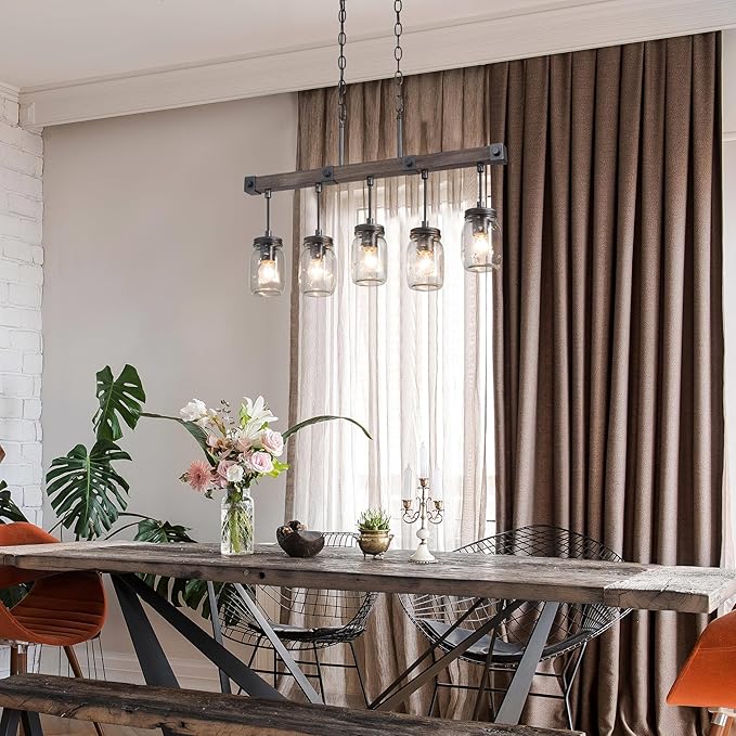LOG BARN Farmhouse Chandeliers for Dining Room, 5 Light Mason Jar Kitchen Island Lighting, Rustic Faux Wood Island Lights for Kitchen