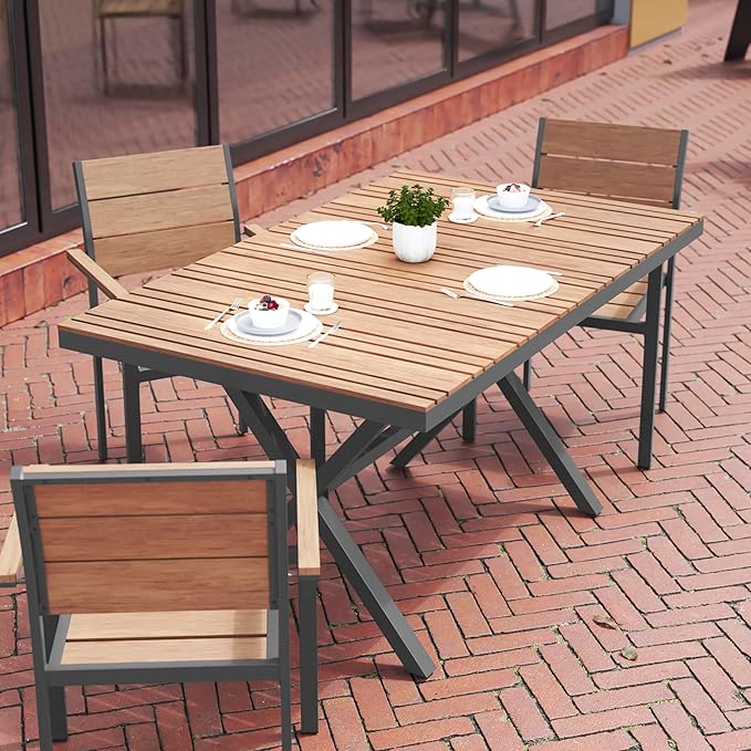 Flash Furniture Finch Commercial Grade X-Frame Outdoor Dining Table 59" x 35.5" with Faux Teak Poly Slats and Metal Frame, Natural/Gray