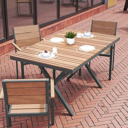 Flash Furniture Finch Commercial Grade X-Frame Outdoor Dining Table 59" x 35.5" with Faux Teak Poly Slats and Metal Frame, Natural/Gray