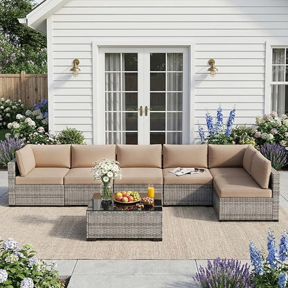 Patio Furniture Set, 7-Piece Outdoor Sectional Couch with Coffee Table & Thick Cushions, Outdoor Wicker Conversation Set for Backyard, Poolside, Garden (Grey White-Camel, 7 Piece-Single)