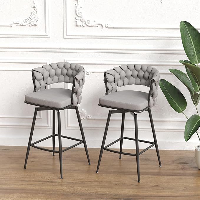 LUMISOL Bar Stool Set of 2, Golden Legs Bar Stools No Adjustable Kitchen Island Chairs Upholstered Bar Chair Counter Stool Arm Chairs with Back Footrest, Grey