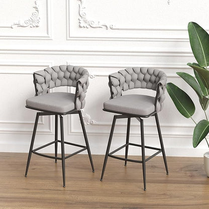 28" Bar Chair Linen Woven Bar Stool Set of 2,Black Legs Bar stools No Adjustable Kitchen Island Chairs,360 Swivel Bar Stools Upholstered Bar Chair Counter Stool Arm Chairs with Back Footrest (Grey)