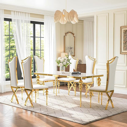 Glass Dining Table Set for 6, Luxurious 70 Inch Rectangular Kitchen Table with White Tempered Glass Top, 6 White PU Leather Cushion Chairs for Dining Room, Restaurant, Living Room