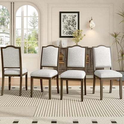 Ball & Cast Farmhouse Dining-Chairs Set of 4, High Back Wood Frame Dining Room Chair with Padded Seat, Modern Upholstered Kitchen Island Seating, 4 Pack Mid-Century Chairs, Brown&Beige