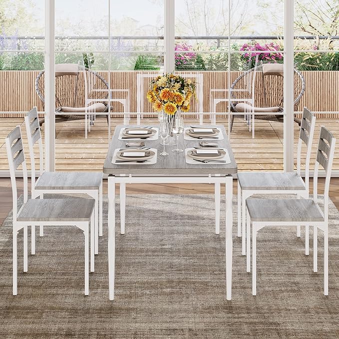 GarveeHome 5 Piece Dining Table Set, Industrial Style Dining Table and Chairs Set for 4, Kitchen Table Set for Dining Room Kitchen Apartment, Grey