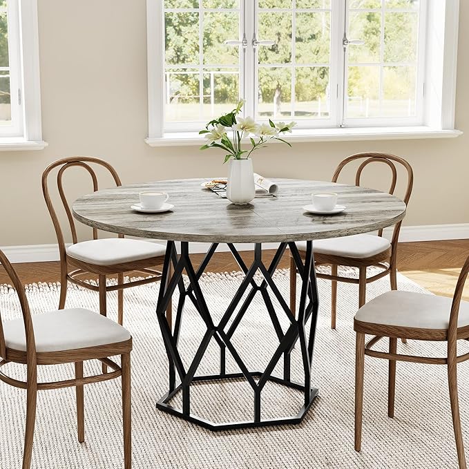 GarveeHome 47-inch Round Dining Table for 4-6 People, Farmhouse Kitchen Table with Diamond Metal Base, Industrial Wood Circle Dinner Table for Dining Room, Kitchen, Living Room, Grey
