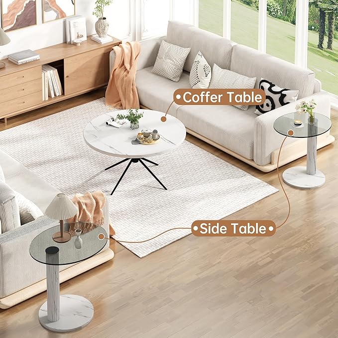 Hooseng Set of 2 Round Coffee Tables, Faux Marble Top and Modern Tempered Transparent Glass Top,Perfect for Living Room,Cafe,Home,and Office(Coffee Table+Side Table)
