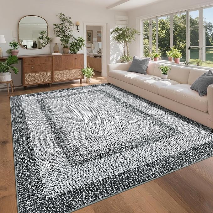 Printed Washable Area Rugs 9x12 Living Room Rug Modern Rugs for Bedroom Blue Rug Geometric Soft Large Area Rug Non Slip Throw Rugs Stain Resistant Carpet for Nursery Dining Room 9'x12' Grey