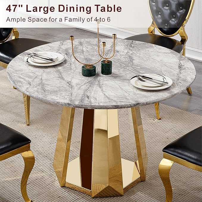 47" Round Marble Dining Table for 4-6, Luxury Modern Kitchen Table with Marble Grain MDF Tabletop & Gold Mirrored Stainless Steel Pedestal Base, Grey Stone Dinner Table for Dining Room (Table Only)