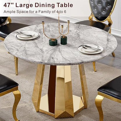 47" Round Marble Dining Table for 4-6, Luxury Modern Kitchen Table with Marble Grain MDF Tabletop & Gold Mirrored Stainless Steel Pedestal Base, Grey Stone Dinner Table for Dining Room (Table Only)