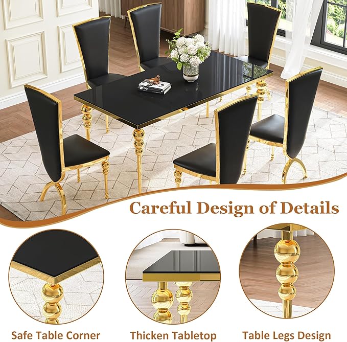 Glass Dining Table Set for 6, Luxurious 70 Inch Rectangular Glass Kitchen Table with 6 Black High Back Leather Chairs, for Dining Room, Restaurant, Living Room (Black Top)