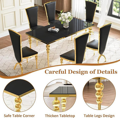Glass Dining Table Set for 6, Luxurious 70 Inch Rectangular Glass Kitchen Table with 6 Black High Back Leather Chairs, for Dining Room, Restaurant, Living Room (Black Top)