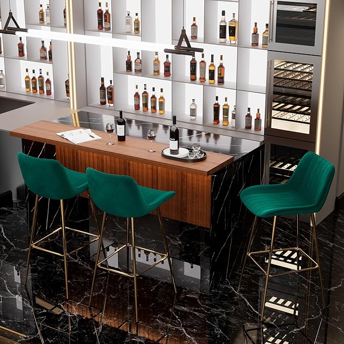 Modern Bar Table and Bar Stools Set, Marble-Look Counter Table with Wood Accent Top & Green Velvet Bar Chairs Set of 3 with Gold Legs, Kitchen Island Pub Table Set for Home Bar, Dining Room