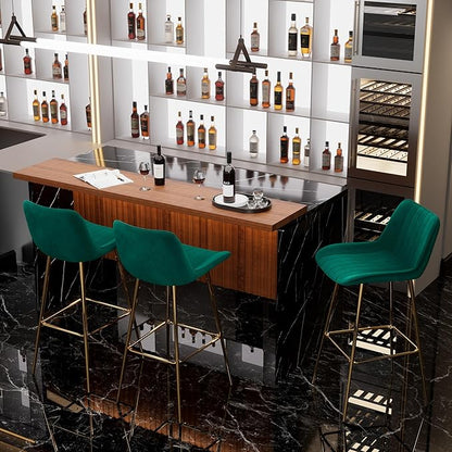 Modern Bar Table and Bar Stools Set, Marble-Look Counter Table with Wood Accent Top & Green Velvet Bar Chairs Set of 3 with Gold Legs, Kitchen Island Pub Table Set for Home Bar, Dining Room