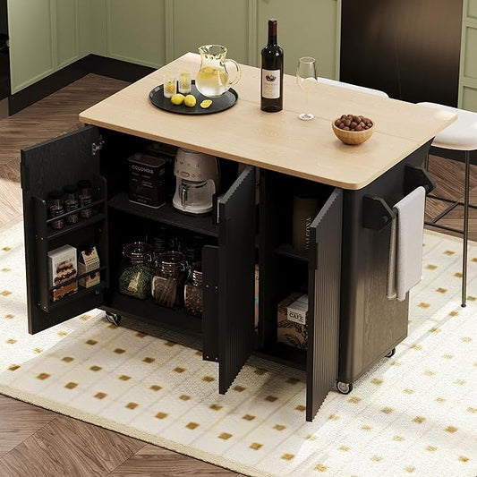 RUNNA Fluted Kitchen Island with Drop Leaf, Farmhouse Accent Kitchen Island on Wheels with Internal Storage Rack,Rolling Cart with Towel Rack,Dining Room,Black Ash (Black@046)