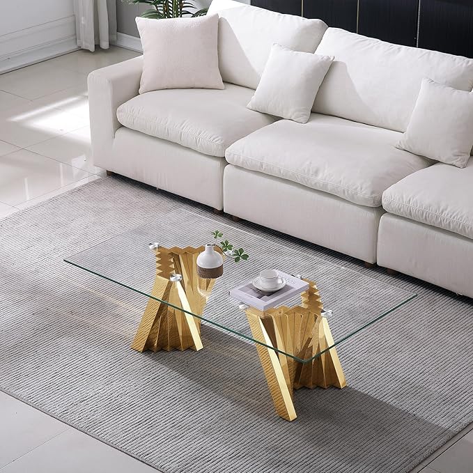 Henf Gold Glass Coffee Table with Mirrored Stainless Steel Base, 51" Rectangle Modern Living Room Cocktail Table for Home Office