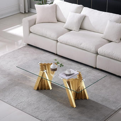 Henf Gold Glass Coffee Table with Mirrored Stainless Steel Base, 51" Rectangle Modern Living Room Cocktail Table for Home Office