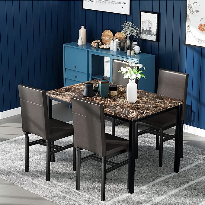 tantohom Dining Table Set for 4, Space Saving Kitchen Table and Chairs Set of 4, 5 Piece Modern Dining Room Table Set with Faux Marble Top and PU Leather Chairs for Small Space, Apartment