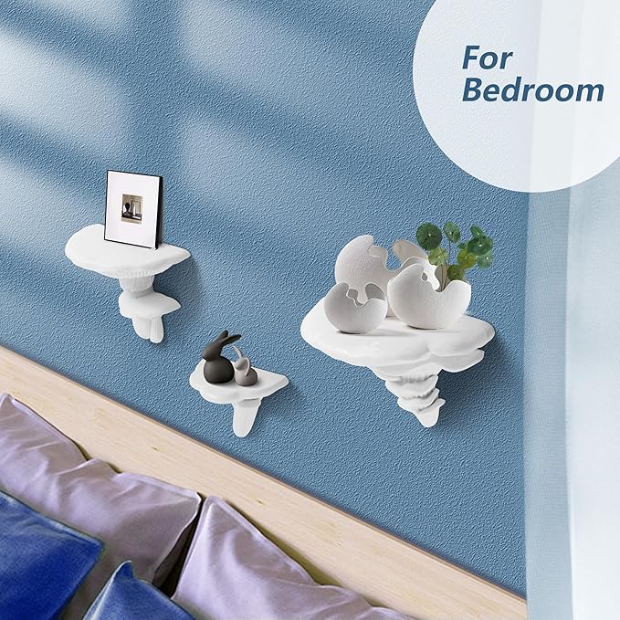 UITWMKTG 3 Pack Mushroom Shelves Floating Shelf Cottage Core Wall Decor Cute Hanging Shelf for Home Living Room Bedroom Kitchen Unique Wall Decor White