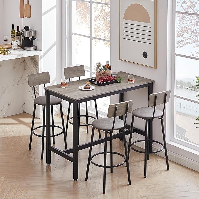 Grey Industrial Bar Height Table and Chairs Set - 5-Piece Bar Table & Chairs Set, Perfect as Kitchen Table, Small Dining Table with Chairs, or Kitchen Island Seating