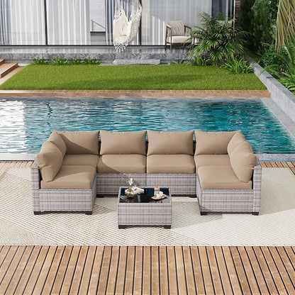 LOUVIXA 7 Piece Outdoor Patio Furniture Set, Outdoor Sectional Sofa, Wicker Rattan Patio Furniture, Patio Conversation Set with Coffee Table & Cushions