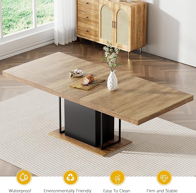 78.74" Wooden Extendable Dining Table for 8-10 People, Modern Farmhouse Expandable Kitchen Table with Black Pedestal Base, Long Large Rectangular Extendable Kitchen Dining Room Table, Brown