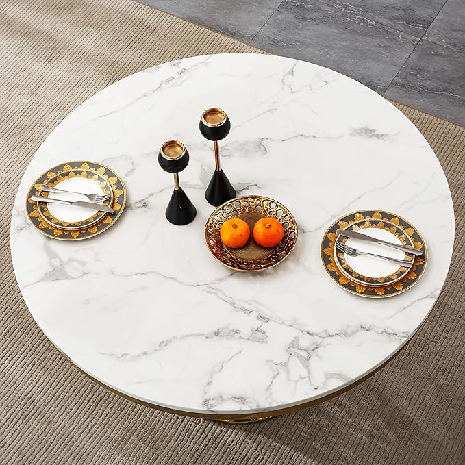 47" Round Dining Table for 4-6 People, Modern Faux Marble Kitchen Table with Gold Mirrored Stainless Steel Pedestal Base, Luxury White Stone Tabletop Dinner Table for Dining Room (Table Only)