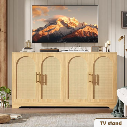 GarveeHome 59” Sideboard Buffet Cabinet - Large Credenza Storage with 4 Rattan Doors, Modern Console Table Accent Coffee Bar Cabinet for Living Room, Kitchen, Hallway, Dining Room, Entryway, Natural