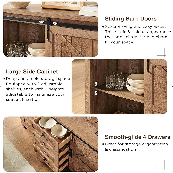 T4TREAM Farmhouse Sideboard Buffet Cabinet with Storage, 60" Large Kitchen Cabinet w/Sliding Barn Doors and 4 Drawers, 31.2'' Tall Wood Coffee Bar Table for Dining Room, Light Tree Knot