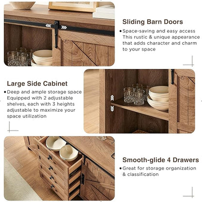 T4TREAM Farmhouse Sideboard Buffet Cabinet with Storage, 60" Large Kitchen Cabinet w/Sliding Barn Doors and 4 Drawers, 31.2'' Tall Wood Coffee Bar Table for Dining Room, Light Tree Knot