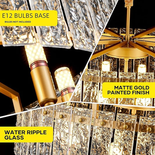 Gold Crystal Chandeliers for Dining Room 10-Light, 29.5” Modern Water Ripple Glass Light Fixture, Farmhouse Round Lighting for Kitchen Island, Bar Table