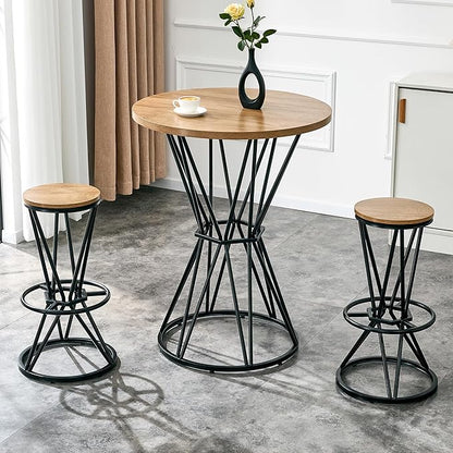 Industrial 3-Piece Bar Counter Set – 31.5" Round MDF Table & 2 Rust-Resistant Metal Bar Stools with Foot Pedals | Perfect for Small Apartments, Kitchen Islands, Home Bars (Black,Wood)