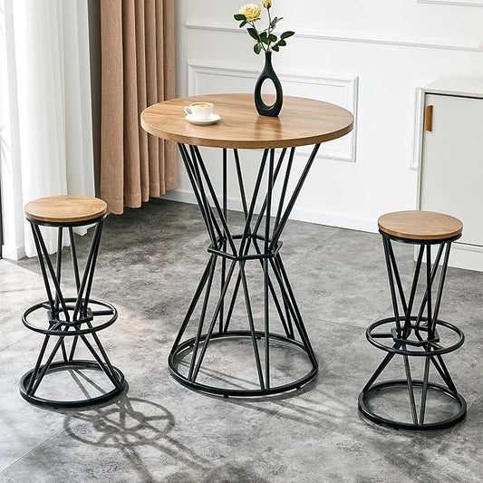 Industrial 3-Piece Bar Counter Set – 31.5" Round MDF Table & 2 Rust-Resistant Metal Bar Stools with Foot Pedals | Perfect for Small Apartments, Kitchen Islands, Home Bars (Black,Wood)